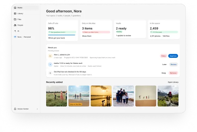 Merka home on a Mac, with library status, requests that need you and recently added photos.