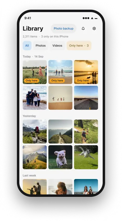 Merka Library on a phone, with family photos from today and yesterday.