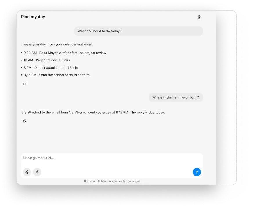 Merka AI answers “What do I need to do today?” with four tasks taken from the calendar and email.