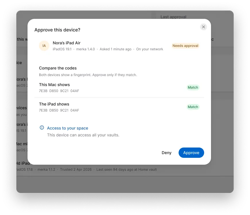 The Approve this device dialog for Nora’s iPad Air. The codes on this Mac and on the iPad match.