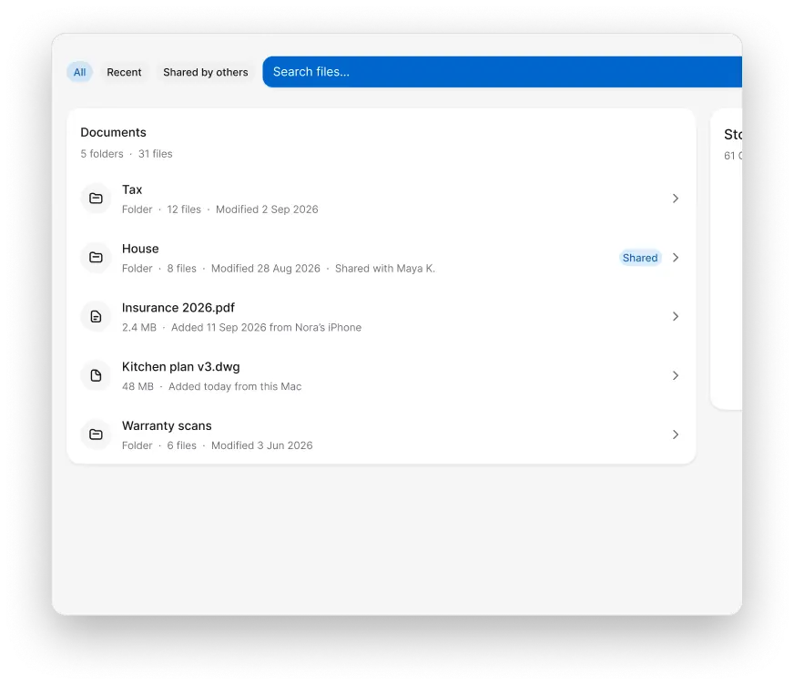 Merka Files listing folders and documents. The House folder is shared with Maya K.