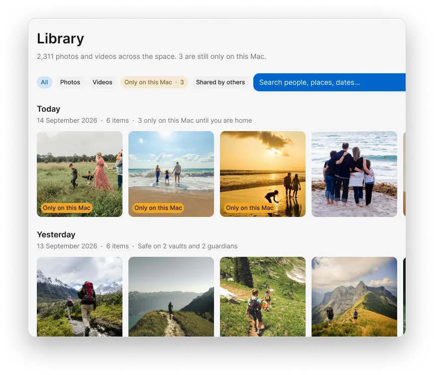 Merka Library with 2,311 photos and videos. The filter for the 3 items that are only on this Mac is selected.