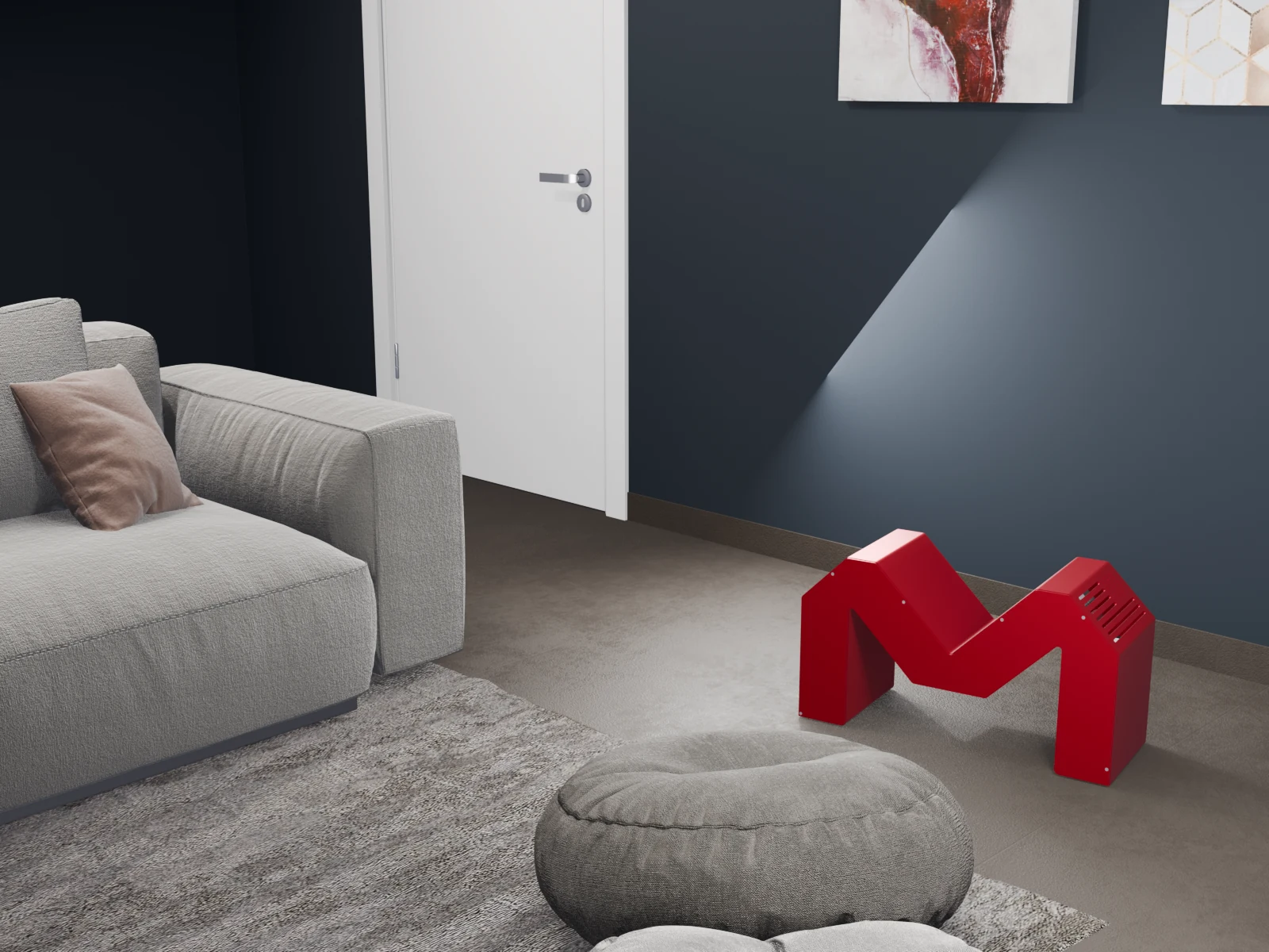 Business Merka, three boards, M posture, red aluminum, Amerka flag vents, on the floor of a living room.